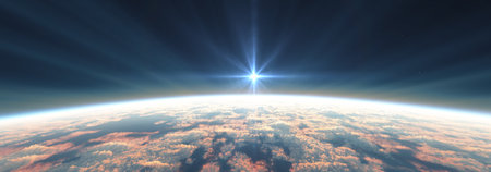 Earth sunrise from space over cloudy ocean. 3d rendering illustrationの写真素材