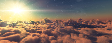 above clouds fly sunset sun ray illustration, 3d renderの写真素材