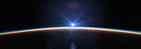 Earth sunrise from space over cloudy ocean. 3d rendering illustrationの写真素材