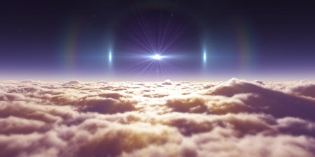 dream fly above clouds ray light, 3d rendering illustrationの写真素材