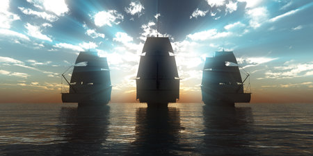 old three ships sunset at sea, 3d rendering illustrationの写真素材
