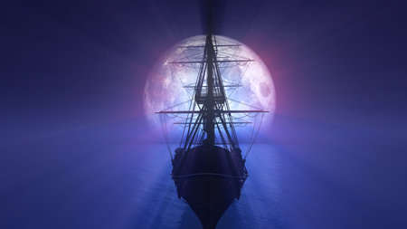 old ship in sea full moon illustration 3d renderingの写真素材