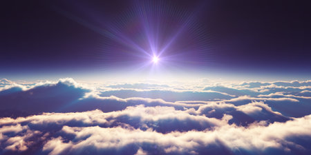 above clouds sunrise sun ray illustration, 3d renderingの写真素材