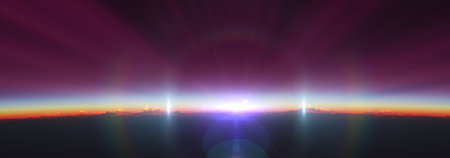 Earth sunrise from space over cloudy ocean. 3d rendering illustrationの写真素材
