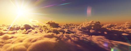 above clouds fly sunset sun ray illustration, 3d renderの写真素材