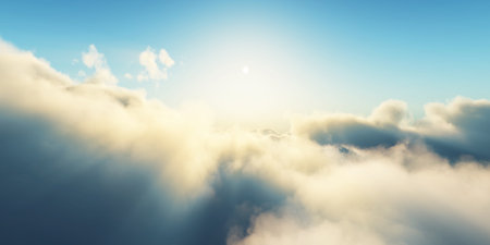 above clouds fly sunset sun ray illustration, 3d renderの写真素材