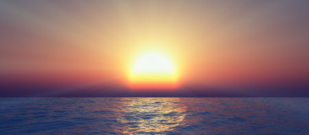 sunset sea sun ray clear sky, 3d rendering illustrationの写真素材