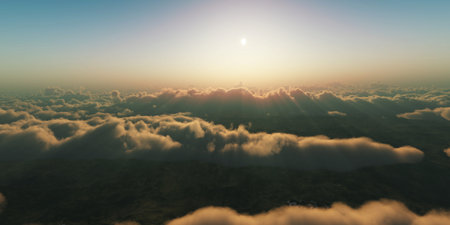 above clouds fly sunset sun ray illustration, 3d renderの写真素材
