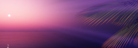 sunset sea palm landscape illustration, 3d renderの写真素材