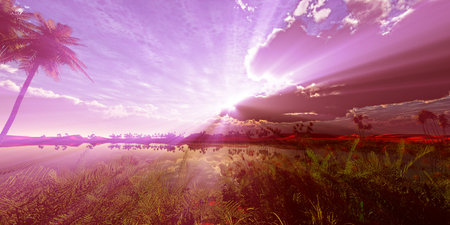 oasis sunset landscape background 3d render illustrationの写真素材