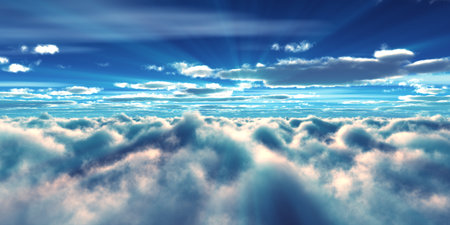 above clouds fly sunset sun ray illustration, 3d renderの写真素材