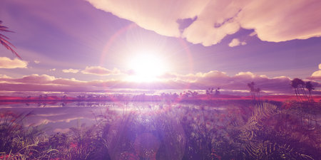 oasis sunset landscape background 3d render illustrationの写真素材