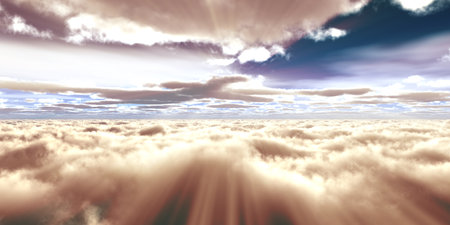 above clouds fly sunset sun ray illustration, 3d renderの写真素材
