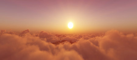 above clouds fly sunset sun ray illustration, 3d renderの写真素材