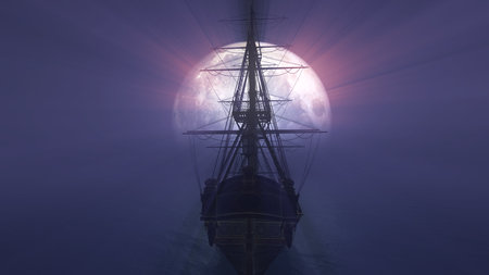 old ship in sea full moon illustration 3d renderingの写真素材