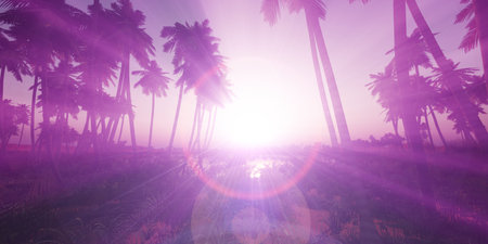 oasis sunset landscape background 3d render illustrationの写真素材