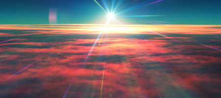 above clouds fly sunset sun ray illustration, 3d renderの写真素材