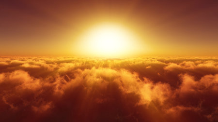above clouds fly sunset sun ray illustration, 3d renderの写真素材