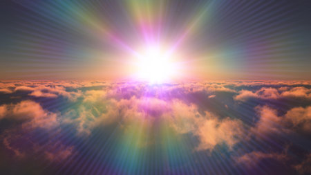 above clouds fly sunset sun ray illustration, 3d renderの写真素材