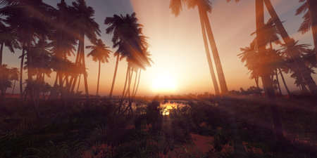 oasis sunset landscape background 3d render illustrationの写真素材
