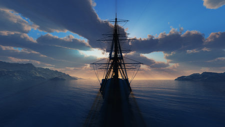 old ship sunset at sea illustration 3d renderingの写真素材