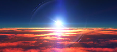 above clouds fly sunset sun ray illustration, 3d renderの写真素材