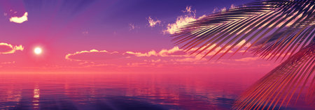 sunset sea palm landscape illustration, 3d renderの写真素材