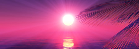 sunset sea palm landscape illustration, 3d renderの写真素材