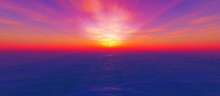 sunset sea sun ray clear sky, 3d rendering illustrationの写真素材