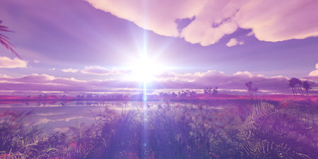 oasis sunset landscape background 3d render illustrationの写真素材