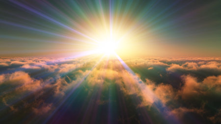 above clouds fly sunset sun ray illustration, 3d renderの写真素材