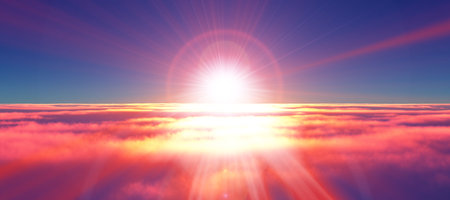 above clouds fly sunset sun ray illustration, 3d renderの写真素材