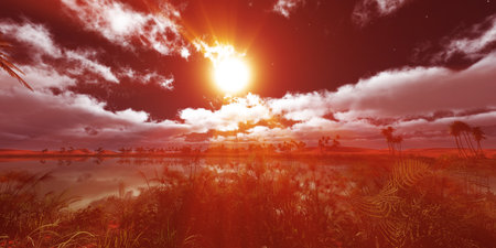 oasis at night full light moon, 3d render illustrationの写真素材