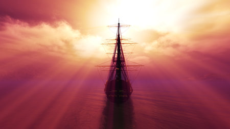old ship sunset at sea illustration 3d renderingの写真素材