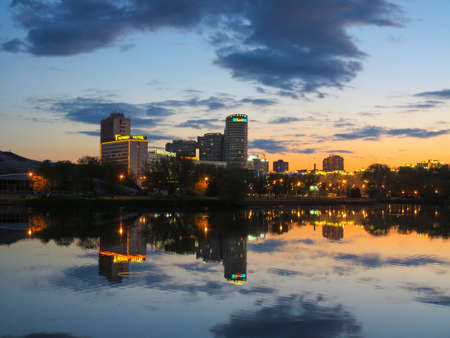 Minsk by night skyline from north bank of Svislocz River, Minsk,Belarus,Europeのeditorial素材
