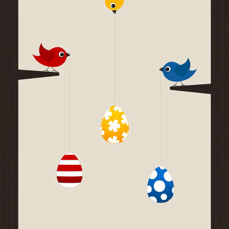 Birds hold Easter eggs on a cord  A vector illustrationのイラスト素材