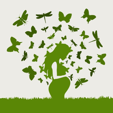 From the pregnant girl butterflies fly  A vector illustrationのイラスト素材