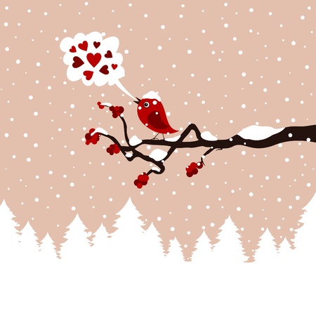 The bird sings on a tree in the winter  A vector illustrationのイラスト素材