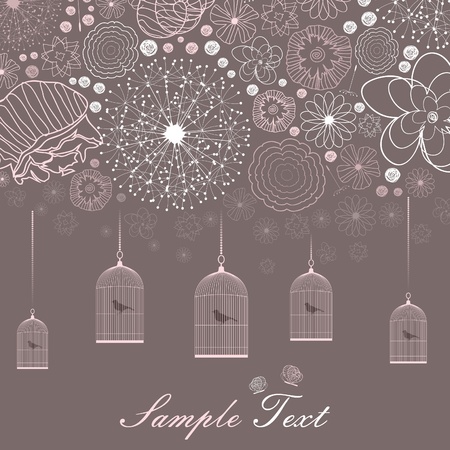 Bird in a cage and flowers  A vector illustrationのイラスト素材