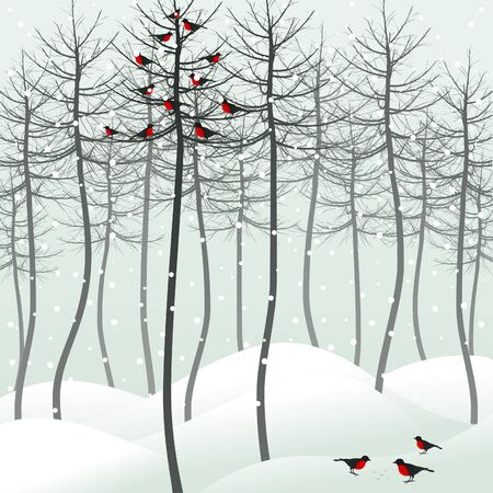 Birds sit on a tree in the winter. A vector illustrationのイラスト素材