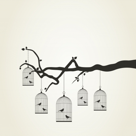 Bird in a cage on a tree branch  A vector illustrationのイラスト素材
