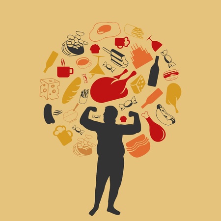 Harmful products of food round the fat man  A illustrationのイラスト素材