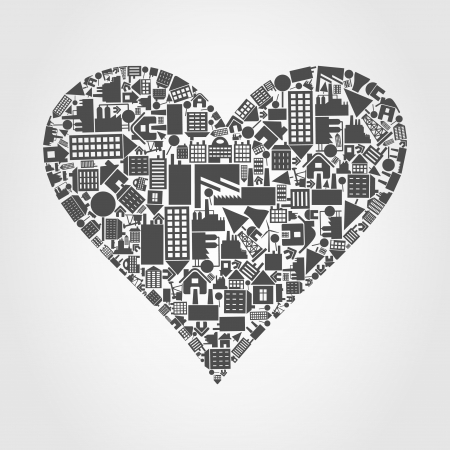 Heart from houses and buildings  A vector illustrationのイラスト素材