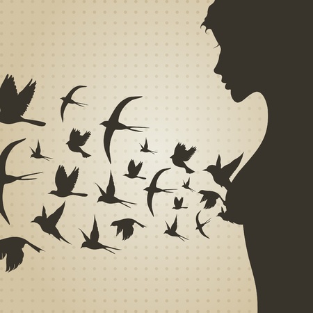 Birds take off from a breast of the girl  illustrationのイラスト素材
