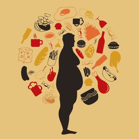 Harmful products of food round the fat man. A vector illustrationのイラスト素材