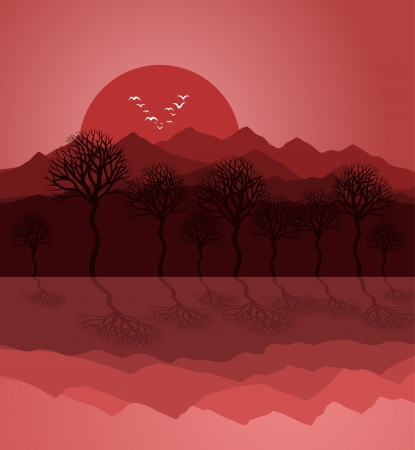 Sunset on mountain lake. A vector illustrationのイラスト素材