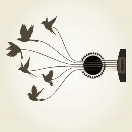 Birds fly from guitar strings. A vector illustrationのイラスト素材