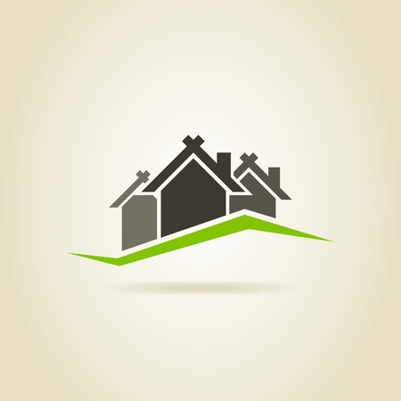Three houses on an abstract green hillのイラスト素材