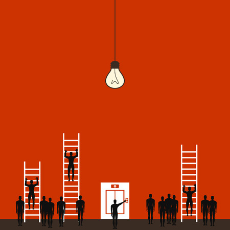 People on the lift and on ladders. A vector illustrationのイラスト素材