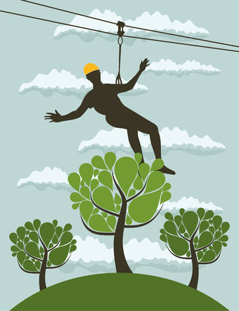 The person on a cable flies over wood. A vector illustrationのイラスト素材